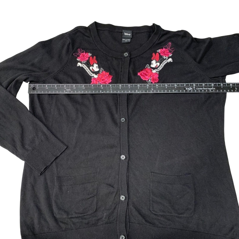 Disney Minnie Mouse Rose Embroidered Cardigan Sweater Black Womens - Picture 7 of 8